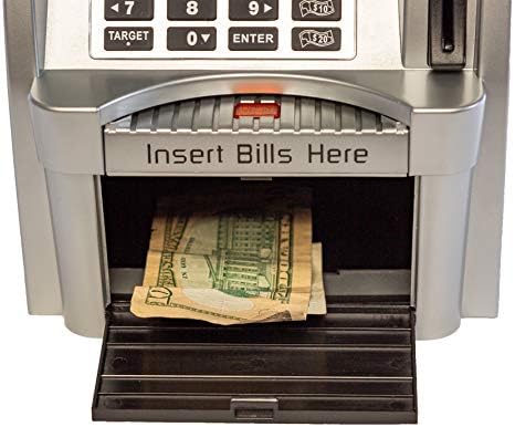 Детска банкомат банка/банка за штедење - моторизиран фидер за сметки, читач на монети, калкулатор за биланс и следење на целта на заштеди