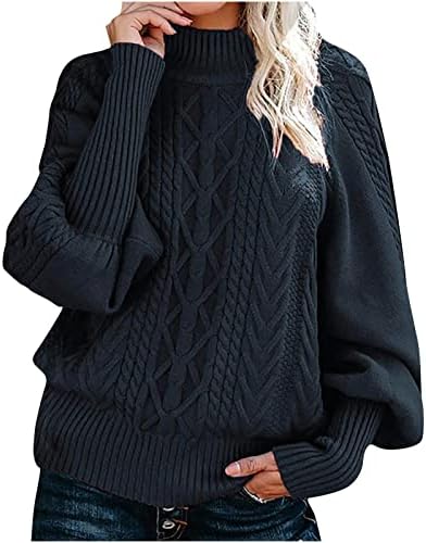 Женски обичен кабел плетен џемпер преголем долг ракав екипаж вратот цврста боја трикотажа за пад зимски топол пулвер врвови