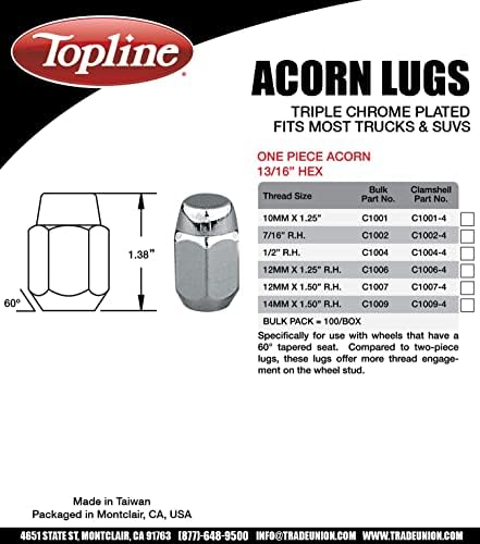 Производи на Topline C1009-4P | Premium Chrome One Piece Acorn Lugs | 14x1.50 R.H. Големина на низата | 13/16 HEX | 1.38 висок | 60 степени