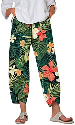 Panенски капри панталони, лето постелнина, обична ширина на ногата Палацо јога Каприс Тропски цветни печатени панталони