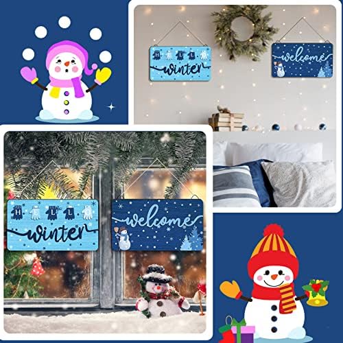 2 парчиња Божиќен венец дрвен знак за виси со јаже здраво зима добредојде Божиќни wallидни декор сини нараквици снегулки од врата знак