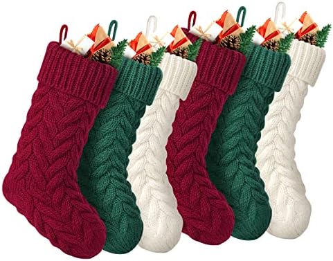 Божиќни чорапи најголемиот дел од 18 инчи плетени бургундски слонова коска и зелени Божиќни чорапи за семејно камин што виси, 6 пакувања