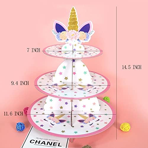3-ниво на еднорог со еднорог со картонска торта штанд за десерт кула за деца Декорација на роденден, декорација на туш за девојчиња, материјали