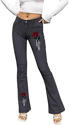 Флејски панталони за жени Jeanан еластична половината ретро одблесоци панталони Основни трендовски панталони жени мода разгорени тексас панталони
