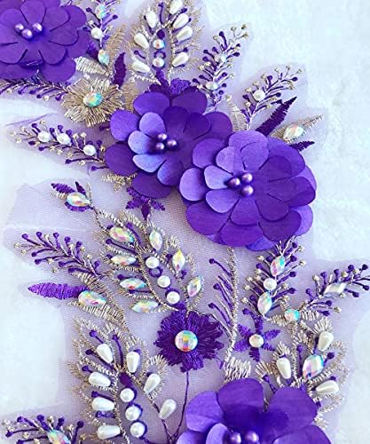 3D тродимензионално три-димензионално цвеќе од цвеќиња со виолетова чипка, монистра на монистра аплицираат за венчаница 6622cm