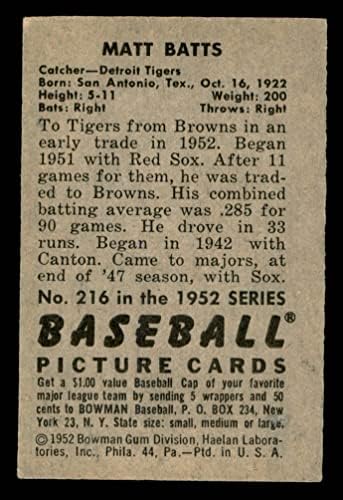 1952 Bowman Редовна бејзбол картичка216 Мет Батс од одделение во Детроит Тигерс добро
