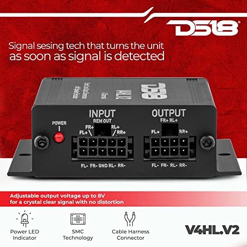 DS18 V4HL.V2 HI/LO Converter 4-канален со симулатор на звучникот w/далечински излез на вклучување-сигнал за звуч на високо ниво-стерео модул