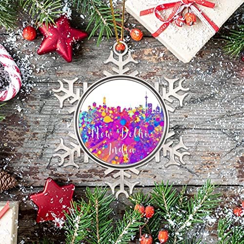 Индија Delу Делхи елка што виси украс Индија, Newу Делхи Акварел уметност, градски пејзаж, подарок метал снегулка, Божиќно дрво украс