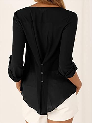 Andongnywell женски обични V вратот долги ракави цврсти шифон блуза со врвен ракав за влечење лабава шифонска кошула
