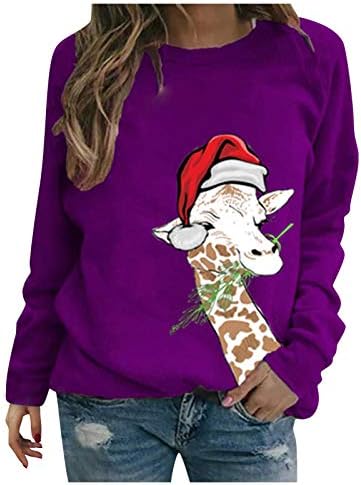 LMSXCT Women Women Long Schaive Tshirt Tops, Божиќна капа Girирафа Печати за печатење на екипаж за џемпери за џвакање, празнична лабава