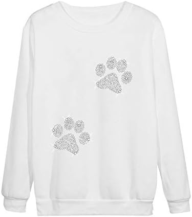 Qtocio жени rhinestones sweatshirts симпатични кучиња шепи печати врвови со долги ракави кошули со екипаж на екипажот на маици дами