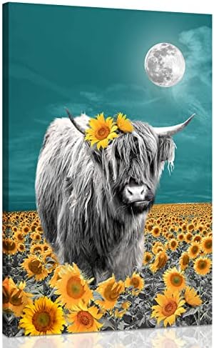 Хајленд крава сончогледна wallидна уметност: Шкотска крава платно печатење фарма куќа wallид декор - цвеќиња цвеќиња поле слика за спална