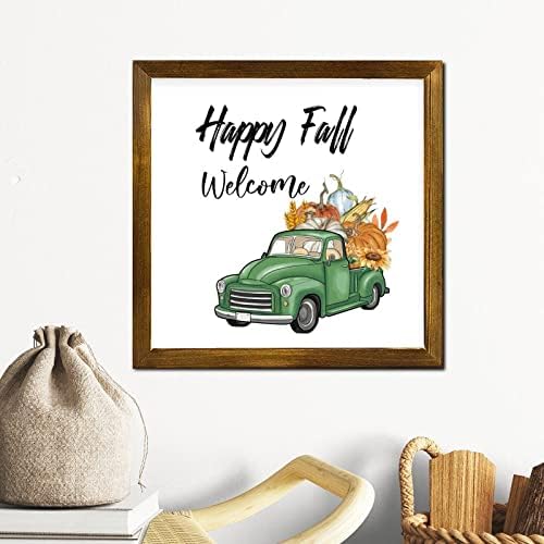 Среќен есен тиква зелена камион добредојде дрвени врамени знаци фарма сончоглед дрво знак плакета рустикална есенска жетва wallидна декор