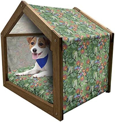 Зачудувачка егзотична дрвена куќа за миленичиња, ботаничка градина уметност шема со апстрактен лотос цвет и лисја со линии, преносно кучиња од отворено и затворен?