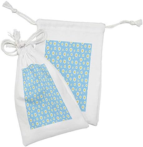 Лунарлива жолта и сина ткаенина торбичка сет од 2, графички маргаритки камења летни природни модели со точки, мала торба за влечење