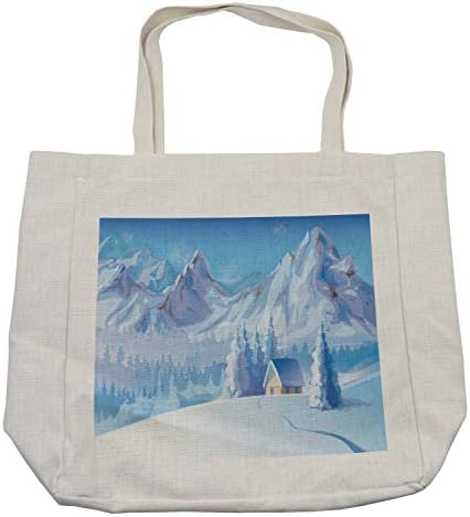 Зимска торба за зимско купување, мала куќа под величествените планини во зимскиот мраз, замрзнато ладно време, еколошка торба за еднократно