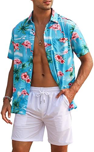 Цветна кошула за мажи Еишапеер Хавај се поставува случајно копче надолу со кратки ракави и цврсти брзи суви шорцеви на плажа S-3XL