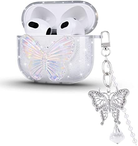 Дизајн на сјајна школка за AirPods 3 со нараквици за кристали со пеперутка, приврзок за клучеви, слатки сјајни пеперутки дизајн мека