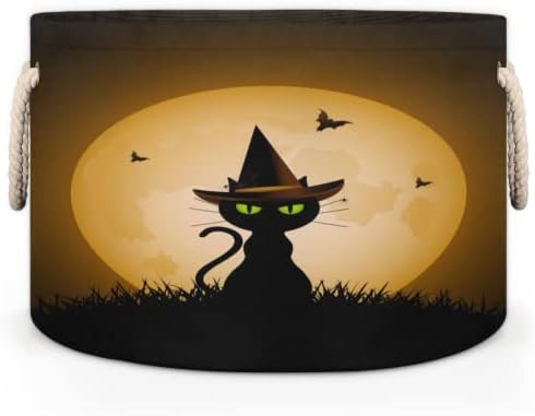 Црна мачка во капа, полна месечина, големи тркалезни корпи за корпи за перење алишта со рачки ќебе корпа за складирање за полици за бања за