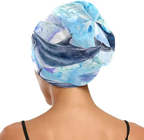 Womenените Beanie Hat Skull Worket Cap, морско сино делфини Еластична модерна глава за ноќни капаци за спиење