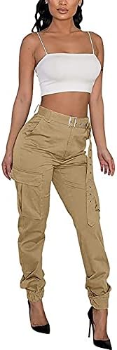 Аиху фармерки за жени трендовски жени со високи половини црни карго панталони со џебови гроздобер буги цврсти панталони за улична