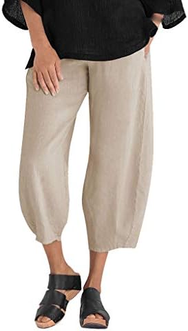 Панталони за летни женски летни женски памучни постелнини лабави вклопуваат печатење со висока половината, пукано лесна еластична исечена