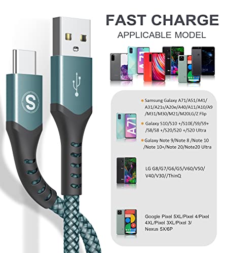 [2pack 3.3ft+3.3ft] USB C кабел 3.1A Брз кабел за полнач, плетенка компатибилен за Samsung Galaxy S10 S9 S8 S21 S21 S22 A02S A03S A12/13 A21S/22/20 A32 A52S/51 A70/72 Note 20/10, Google Пиксел, OnePlus-Green