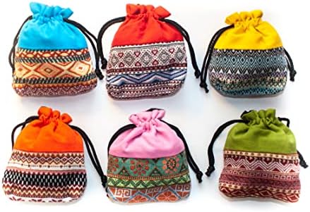 K&G 6 Pcs Drawstring Bags, Small Boho Fabric Purses and Pouches for Jewelry Packaging, Reusable Gift Wrap Bag for Birthday, Wedding