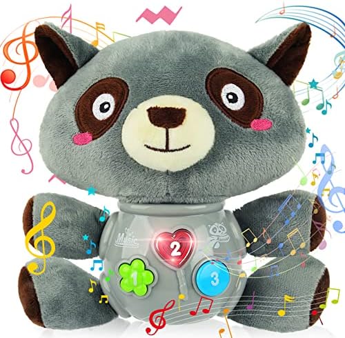 Ванмор Плиш Ракун Играчки за бебиња - Новородени музички играчки за бебиња за бебе од 0 до 36 месеци - полнети животни осветлуваат