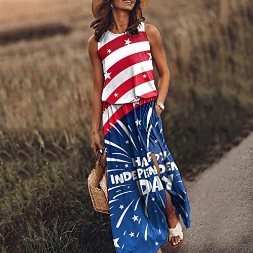 4 -ти јули фустани за жени секојдневно американско знаме долг макси фустан Бохо без ракави екипа на екипажот на плажа со џеб
