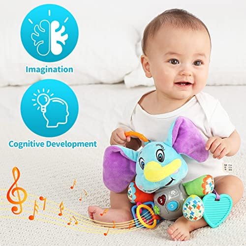 Мултифункционален светлечки кадифен слон бебе музичка играчка, со 12 песни и разни звуци на природата, опремена со суспензија, како играчка