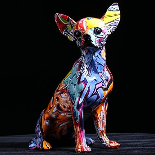 Оренм разнобојна статуа на Чивахуа, креативни графити уметност повеќебојни кучиња фигура, смола затворен украс за домашна боја, поздравна боја,