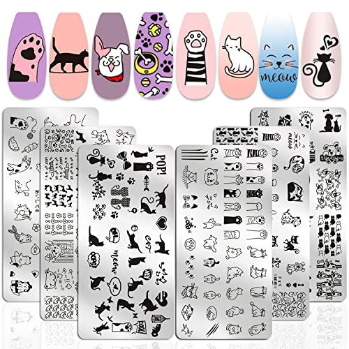 Silpecwee 6 парчиња животни за печатење на нокти плоча Прекрасна мачка кучиња за нокти за нокти за нокти, печат за нокти шаблони