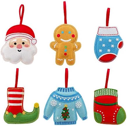 Божиќни украси - сет од 6 кадифен се чувствува рачно изработено висечки украси во Дедо Мраз, човек од ѓумбир, митен, елф чевли, грдо