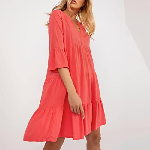 Обични фустани за женски Lmdudan Мода цврста боја V-вратен фустан за одмор лабава вклопена 3/4 ракав А-линија за замав фустани