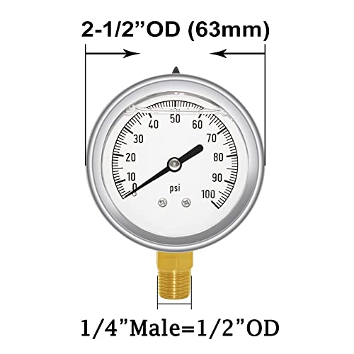 Мерач на притисок на oyојвеј 0-30psi 0-60 psi 0-100psi месинг 1/4 NPT машка нишка пониско монтирање, исполнето со глицерин, куќиште од не'рѓосувачки