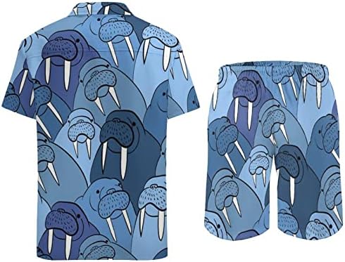 Сини моркови мажи 2 парчиња хавајски сет копче-долу кошули со кратки ракави, панталони за плажа лабави фит-манжетни тренерки