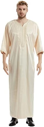 Кошули за фустани за мажи Bmisegm тенок вклопена машка лежерна муслиманска арапска средна сатен везена облека со среден ракав