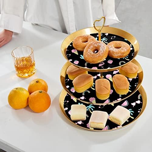 Dragonbtu 3 Tier Cupcake Stand со златна шипка пластична нивоа десерт кула сад предмети црна шема овошје бонбони приказ за свадба