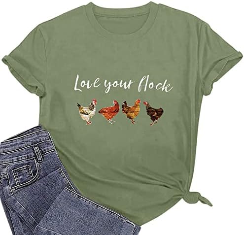 2023 летни маици за жени Смешна буква пилешко графичко печатено влечење на врвови со кратки ракави на вратот на вратот на врвовите