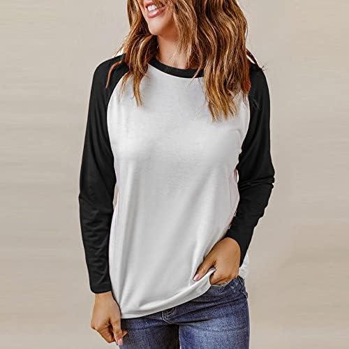 Женски случајни крпеници со долги ракави Раглан кошула 2023 мода во боја блок екипаж џемпер на слатка маичка лабава лесен врвови