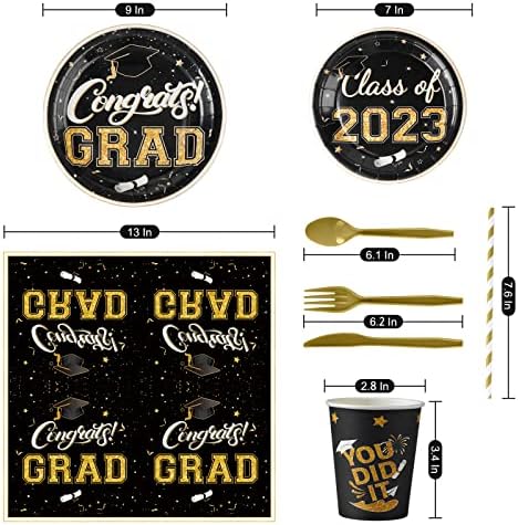 Дипломирани плочи на Акерок и салфетки 2023 за 24 гости, садови за еднократна употреба хартија поставени во црно и злато за материјали