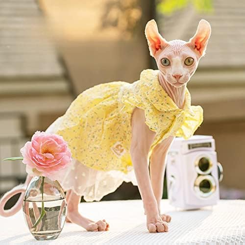 Сфинкс мачка летна облека удобна фустан за печатење чипка, цветни кошули, лесна облека за дишење на мачки, жолта чипка)