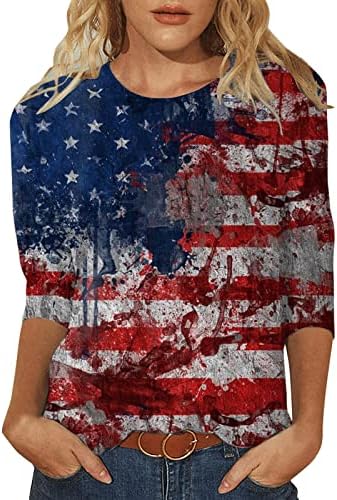 Womenените 3/4 ракави врвови на 4-ти јули патриотска печатена графика О вратот на вратот Обични блузи кошули облечени основни маици