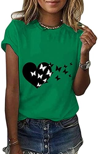 Зелени кошули за жени 2023 ретро графички блузи слатки кошули со пеперутки кратки ракави екипаж лабави летни врвови