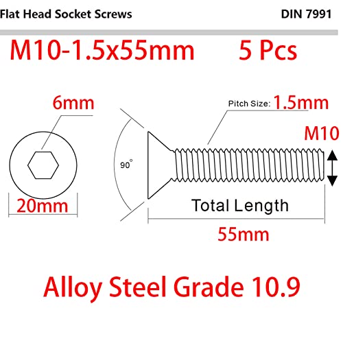M10-1,5 x 55мм рамни завртки за капакот на капакот на главата, легура од челик 10,9, ДИН 7991, црн оксид, ален хексадецимален погон, хексадецимален