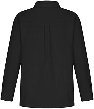 Плус големина Обична маица за жени за да се сврти копчето за јака, Туника на врвови цврста ролна на ракави блуза со џеб