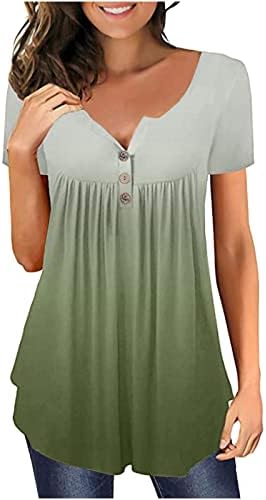 LCEPCY жени летни градиенти на Туника Туника за хеланки V копче за кратки ракави со кратки ракави, криви полите, обични блузи