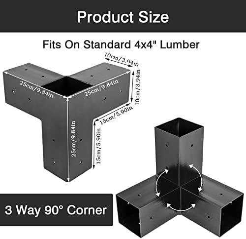 FMHOTU 4 пакет DIY WOUDWORKS PERGOLA BRACKES KIT, 4x4 3-насочен десен агол агол заграда, челична заграда за пергола со црна прав
