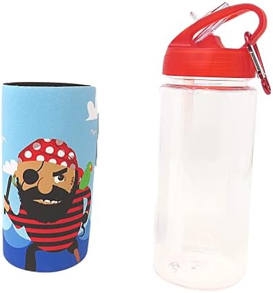 Шише со вода со црвен капак со отстранлив пиратски и брод неопрен ракав, забавни шишиња за пијалоци за училишни ручеци или до-одење,